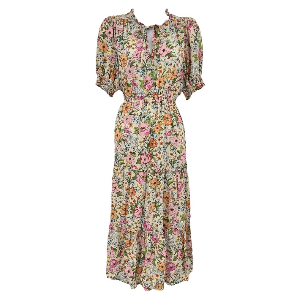 Tiered Floral Cottage Midi Dress Womens S Peasant Country Prairie Western Boho